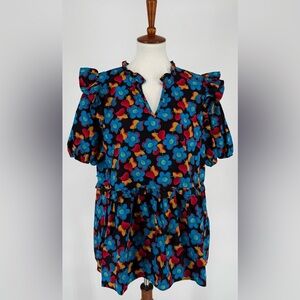 Entro Floral Ruffle Multicolor Colorful Blouse 100% Cotton Size 1X